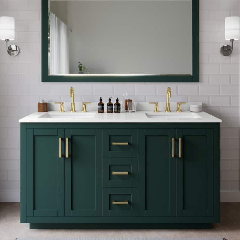 Wyndham Collection WCF292960D-QTZ-US3MXX Miranda 60" Free Standing - Green / White Quartz Top / Brushed Gold Hardware