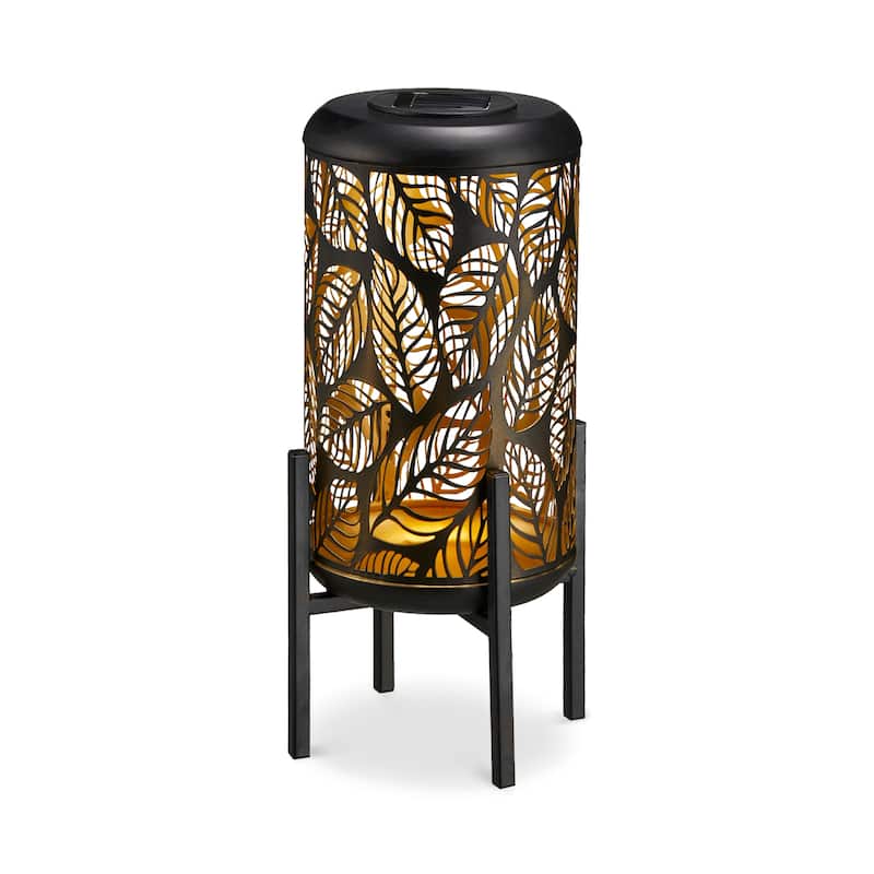 Glitzhome 14"H Outdoor Metal Cutout Flower/Leaves Solar Light Standing Lanterns Waterproof