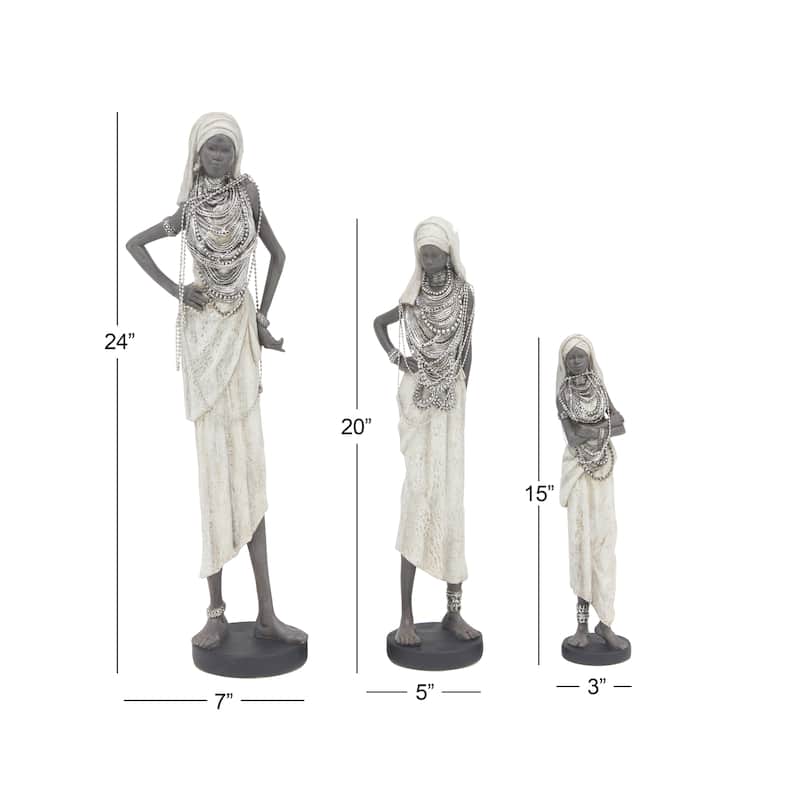 White Polystone Handmade Standing African Woman Decorative Sculpture with Intricate Jeweled Details (Set of 3)