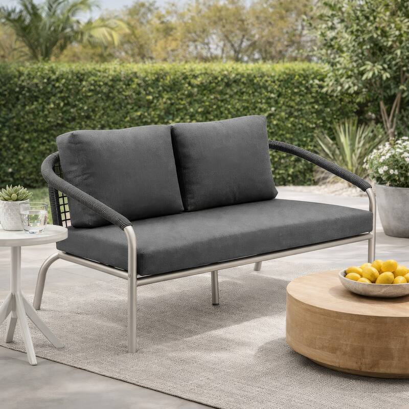 Phil 57 Inch Outdoor Sofa, Gray Fade Resistant Upholstery, Silver Aluminum