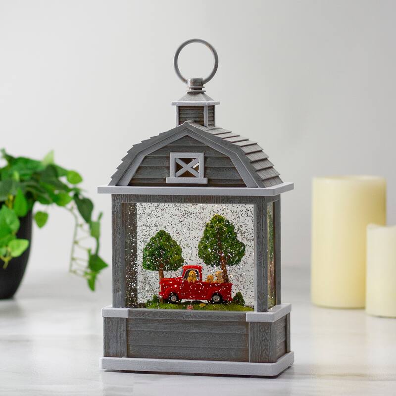 12.75" Lighted Gray Barn Snow Globe with Red Truck and Dogs