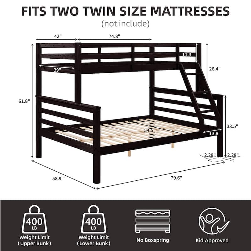 Twin over Full Wooden Bunk Bed,High Guardrail,Ladder,No Box Spring