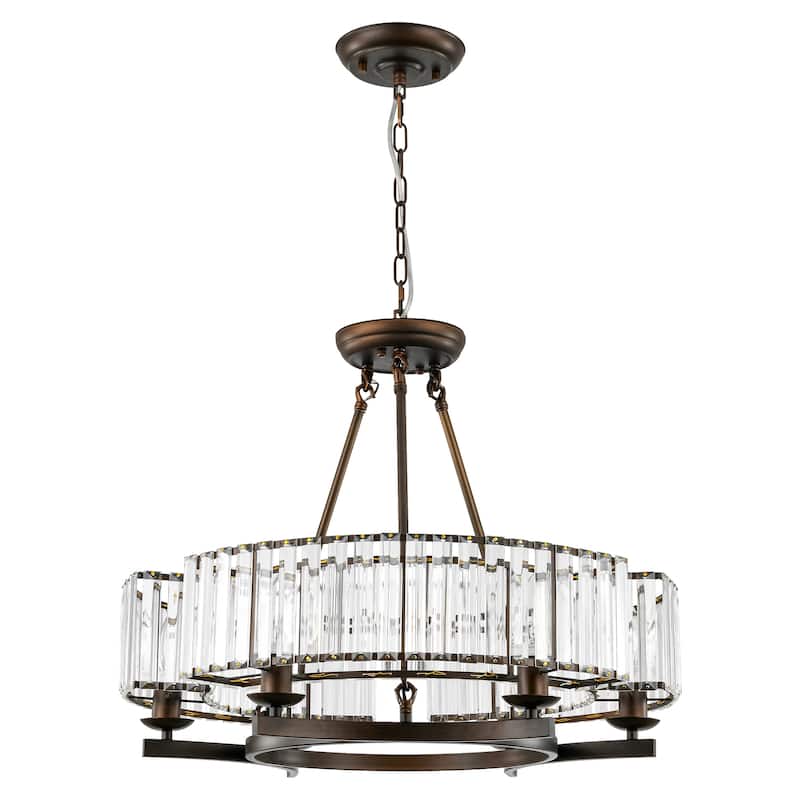 6-Light Mid-Century Modern Aged Bronze Drum Wagon Wheel Chandelier with Crystal Shade - 24.8 in. W x 20.47 in. H