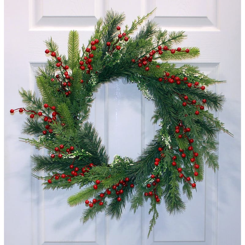 23" Artificial Christmas Mixed Evergreen Pine & Red Berry Wreath - 23