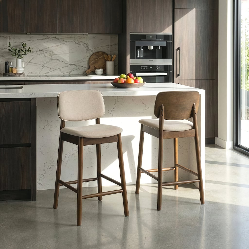 Set of 2 Azura Beige Fabric Counter Stool with Walnut Wood Legs