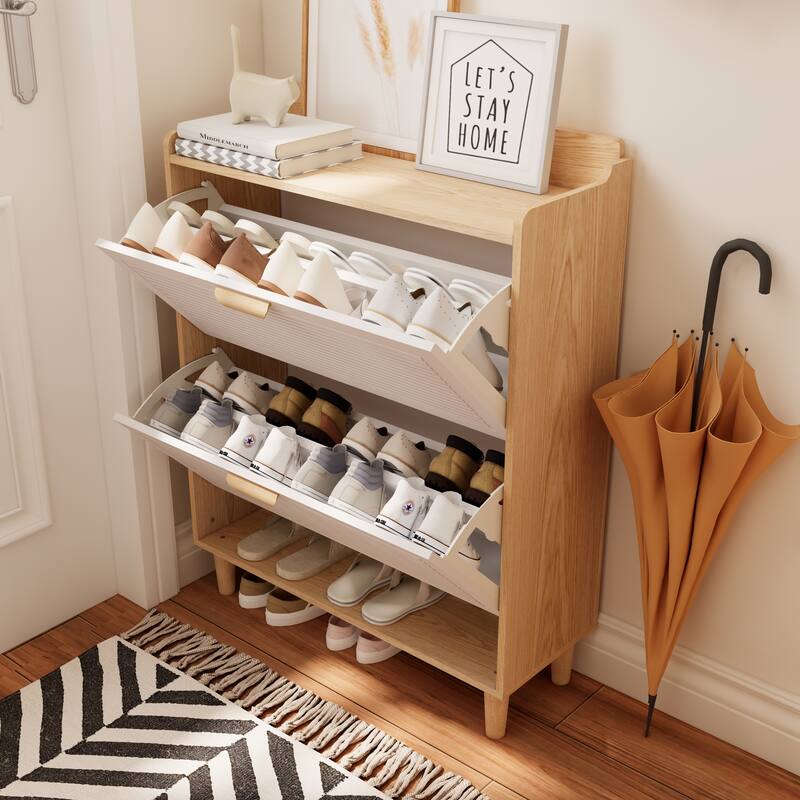 Anmytek White and Wood Entryway Storage Cabinet Flip Down Shoe Organizer for Mudroom and Foyer