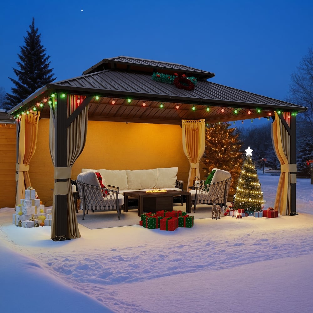 Erommy Pro Series Outdoor Galvanized Steel Roof Gazebo Pergola w/ Aluminum Frame & Vertical Rain Cutter