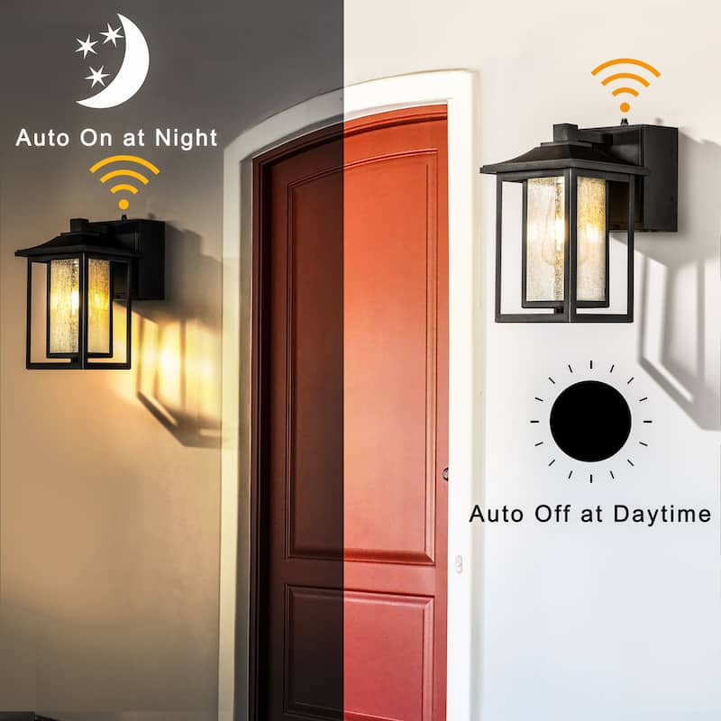 1 Light Black Dusk to Dawn Sensor Glass Outdoor Wall Sconces Built-in GFCI Outlets - W 6.3"