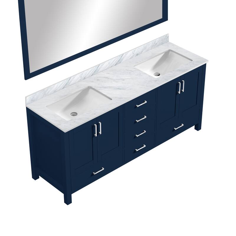 Jacques 72 in. W x 22 in. D Navy Blue Double Bath Vanity, Carrara Marble Top, and 70 in. Mirror