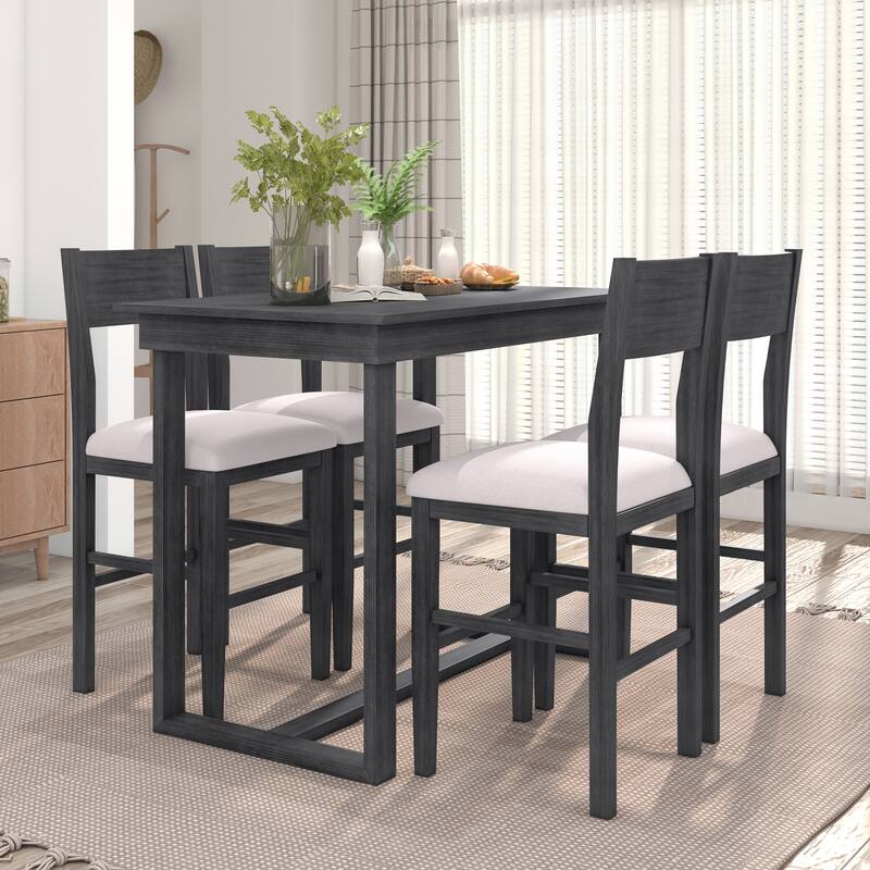 Counter Height 5-Piece Dining Table Set, Kitchen Table Set with Wood Texture Table and Cushioned Chairs