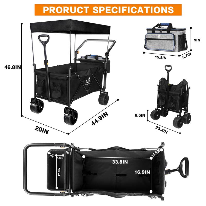 Folding Utility Wagon with Canopy, 220lb Capacity, Adjustable Handles, Thick Wheels with Brakes, Heavy Duty