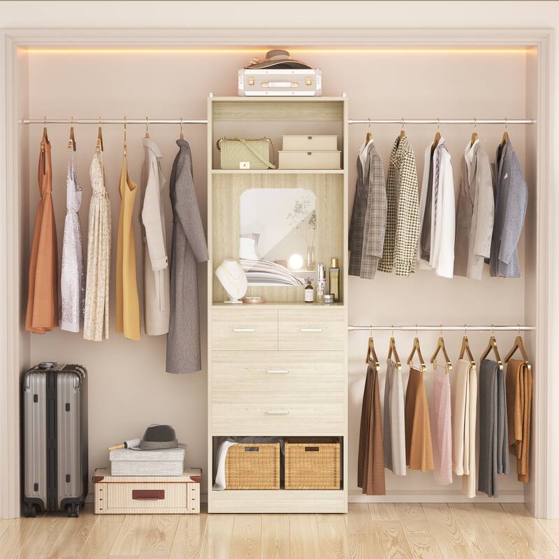 48"-96" W Wooden Closet System with 4 Wooden Drawers and Mirror, Walk-in Closet Organizer with 4 Adjustable Hanging Rods - Washed Oak