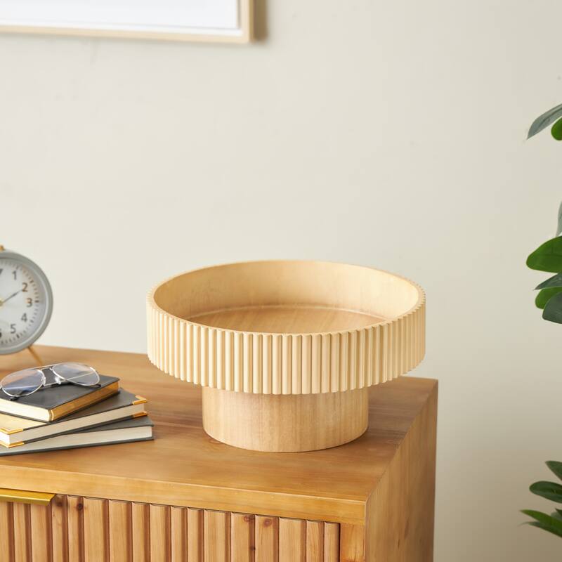 Dark or Light Brown Wood Ribbed Decorative Bowl with Elevated Base