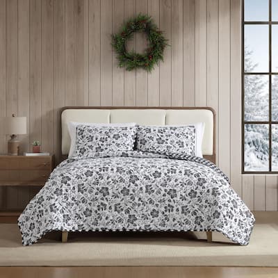 Eddie Bauer Woodblock Floral Flannel Black Quilt Set