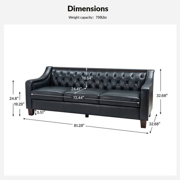 dimension image slide 7 of 8, Mateo 82.28" Wide Transitional Genuine Leather Sofa with Nailhead Trim and Button-Tufted Back
