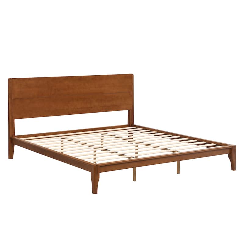 Bamboo Wood Platform Bed/Mid-Century Modern Bed Frame with Tall Headboard/Wood Slat Support/No Box Spring Needed/Easy Assembly