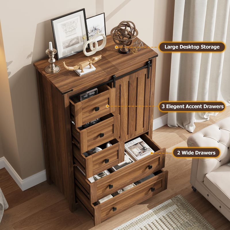 Farmhouse 5 Drawer Dresser for Bedroom, 48" Tall Wood Dresser Chest of Drawer with Sliding Barn Door