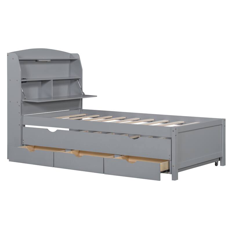 Full Platform Bed with Pull-Out Trundle, LED Headboard Lighting, USB Charging Ports, Flip-Up Storage, and Under-Bed Drawers