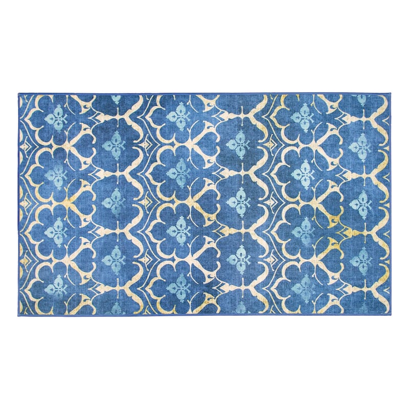 My Magic Carpet Machine Washable Area Rug Leilani Damask Blue