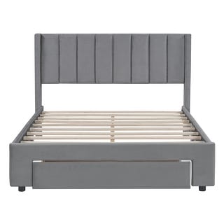 Beige Full Velvet Upholstered Bed with Large Storage Drawer - Stylish & Spacious