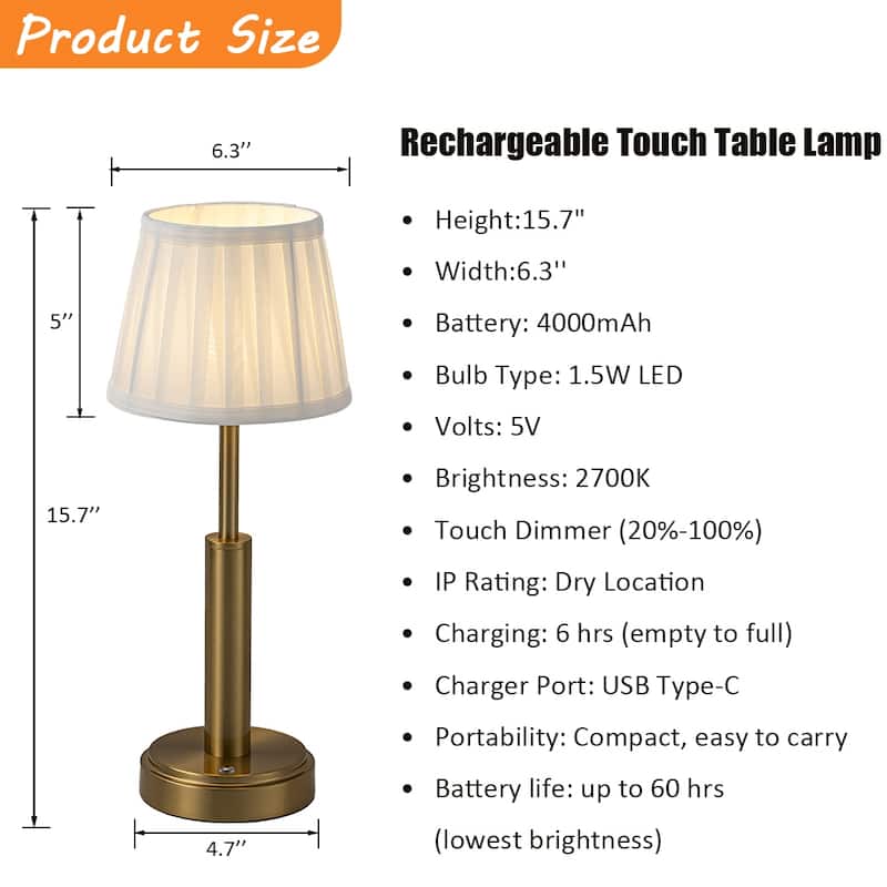 Modern Rechargeable LED Table Lamp with Fabric Shade Classic Touch Control USB Cordless Nightstand Light for Bedroom (2 Pack)