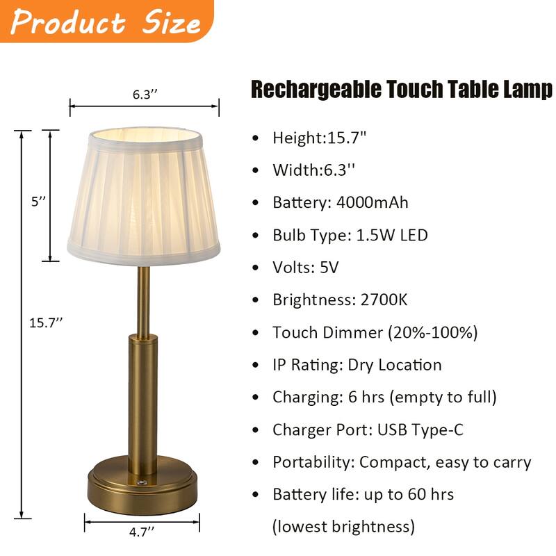Modern Rechargeable LED Table Lamp with Fabric Shade Classic Touch Control USB Cordless Nightstand Light for Bedroom - W6''