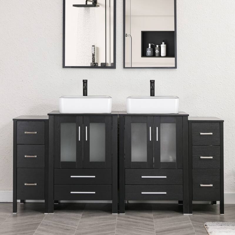 72" Bathroom Vanity Set Glass Ceramic Vessel Sink Side Cabinet Combo
