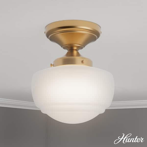 slide 2 of 6, Hunter Saddle Creek 1 Light Contemporary Schoolhouse Flush Mount Ceiling Light - Bathroom, Hallway, Bedroom, Entry - Damp Rated! Alturas Gold-White