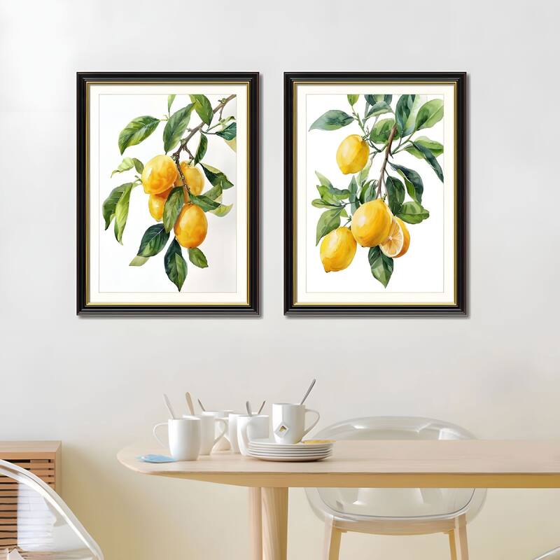 Set of 2 Lemon Botanical Canvas Wall Art - Interchangeable Prints with Solid Wood Frames, Fresh Fruit Artwork for Kitchen - Black