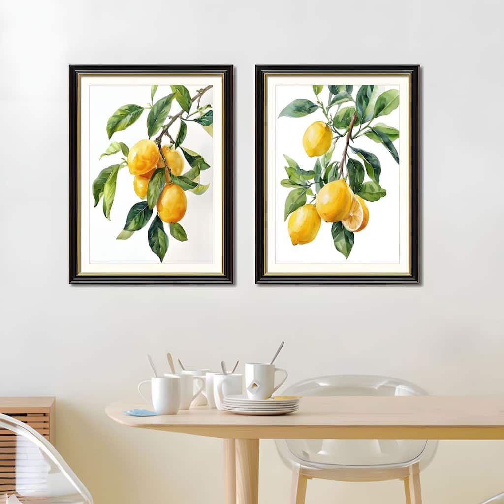 Set of 2 Lemon Botanical Canvas Wall Art - Interchangeable Prints with Solid Wood Frames, Fresh Fruit Artwork for Kitchen