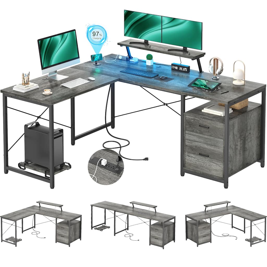 L-Shape Exexecutive Desk Reversible Computer Table with Power Hub