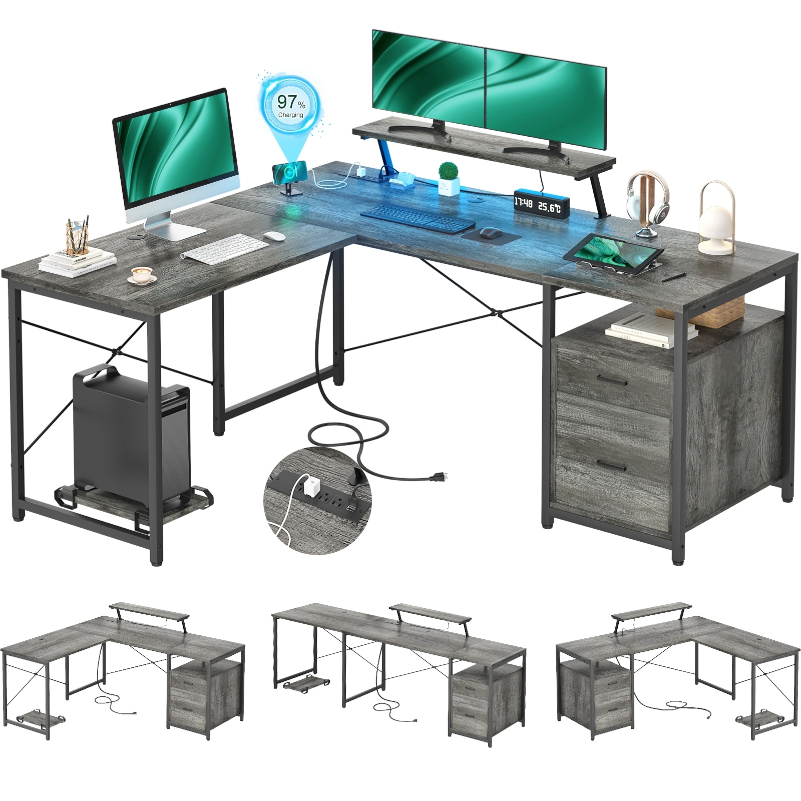L-Shape Exexecutive Desk Reversible Computer Table with Power Hub