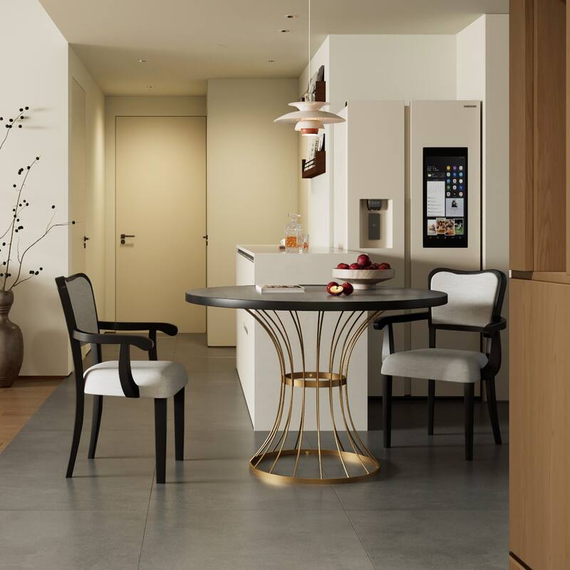 42" Round Dining Set -Solid Wood-Look Veneer Table +2 Upholstered Armchairs,Heavy-Duty Iron Pedestal Base,Space-Saving,3-Piece - Beige+Dark Oak+Gold