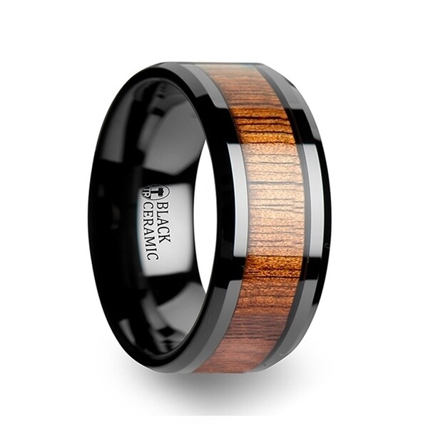 THORSTEN - ACACIA Koa Wood Inlaid Black Ceramic Ring with Bevels - 10mm