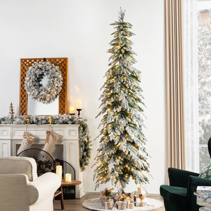 Glitzhome Pre-Lit Flocked Pencil Spruce Artificial Christmas Tree with Warm White Lights