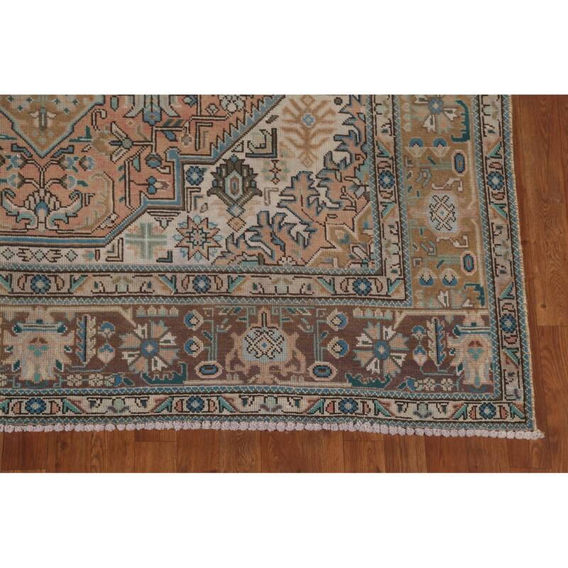 Geometric Tabriz Vintage Area Rug Hand-Knotted Wool Carpet - 6'8" x 9'7"