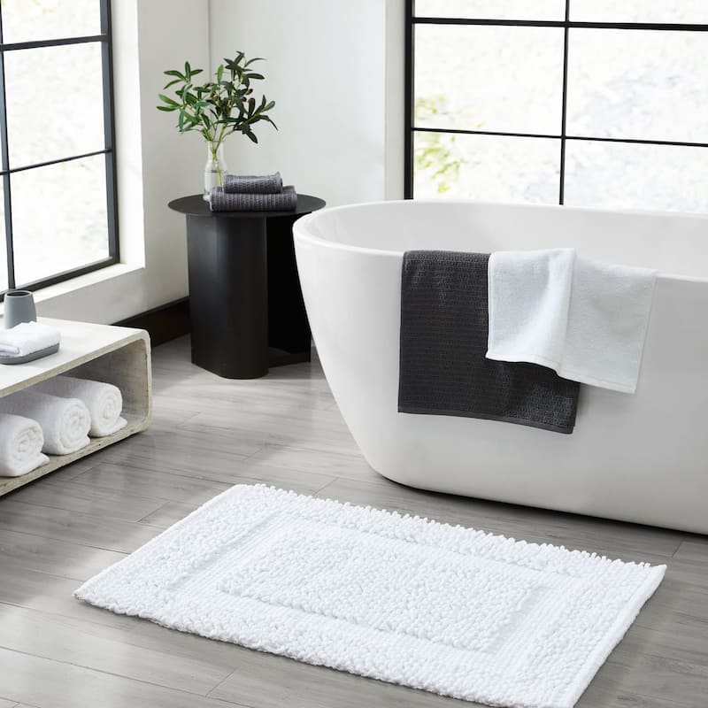 Sophie Border Ultra-plush Chenille Non-Slip Cotton Bath Mat - 17 x 24 - White
