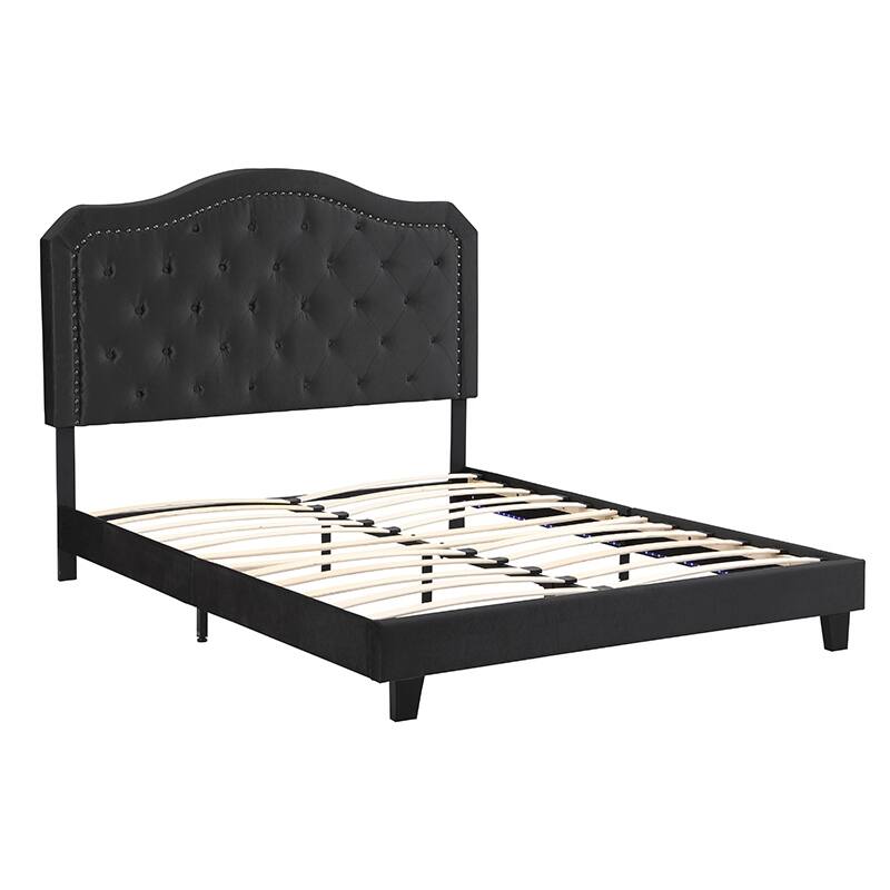 Queen Size Velvet Upholstered Platform Bed with Button-Tufted Headboard, LED Lighting and Wood Slat Support