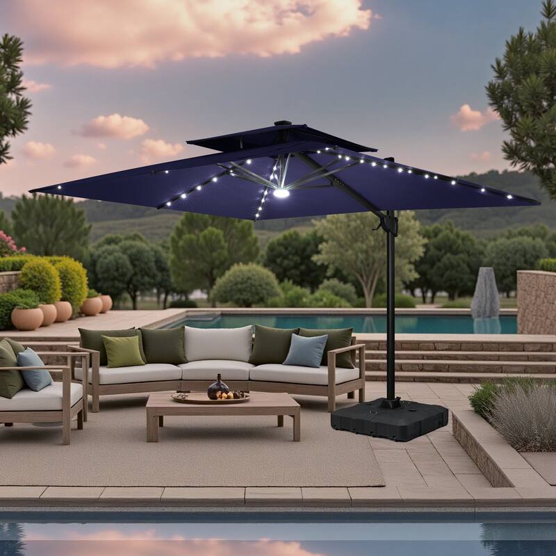 9 x 11 FT Outdoor LED Lighted Double Top Patio Cantilever Umbrella with Base - Navy Blue