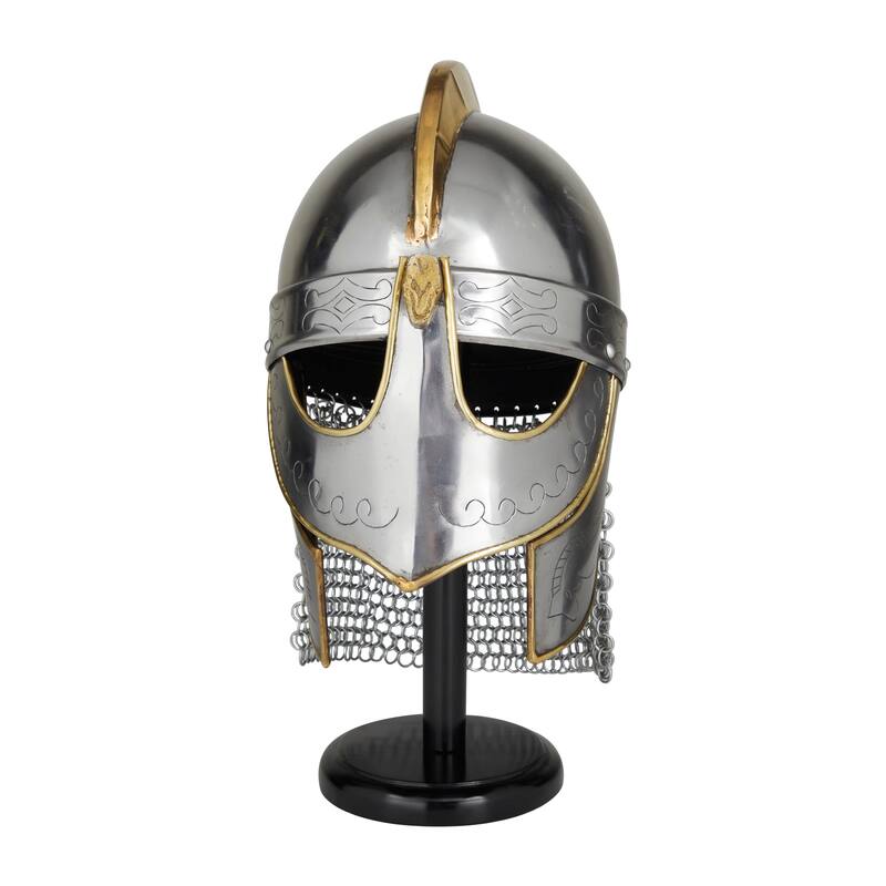 Silver Metal Replica Medieval Knight Crusader Helmet with Black Wood Stand and Chainmail - 9 x 11 x 17