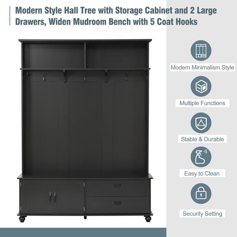 Modern Hall Tree with Shoe Storage Bench, Entryway Bench with Coat Rack, Cabinet, 2 Drawers & Shelves, Mudroom Bench w/ 5 Hooks