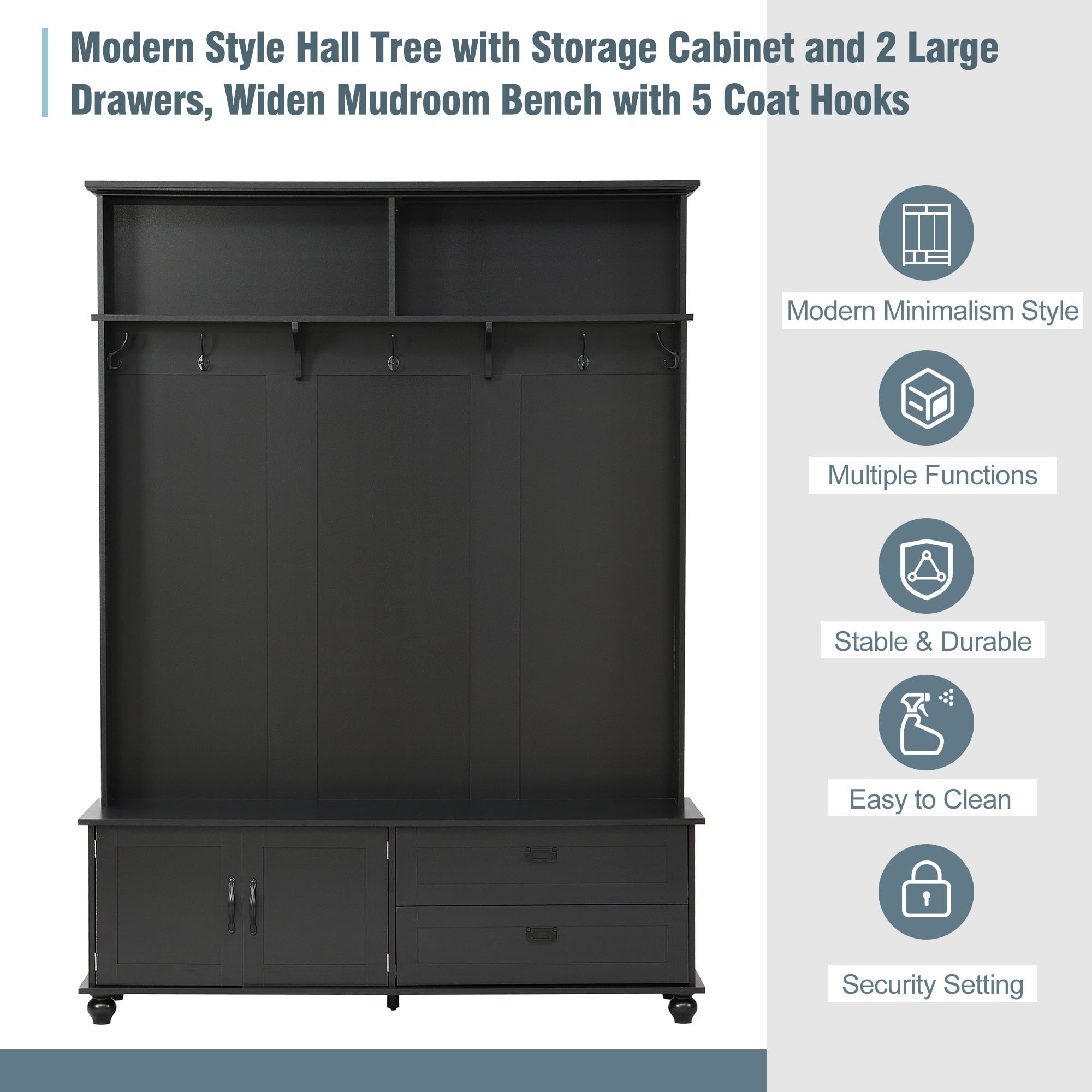 Modern Hall Tree with Storage Cabinet and 2 Large Drawers, Mudroom Bench  with Storage Shelf and 5 Coat Hooks - On Sale - Bed Bath & Beyond - 38429692