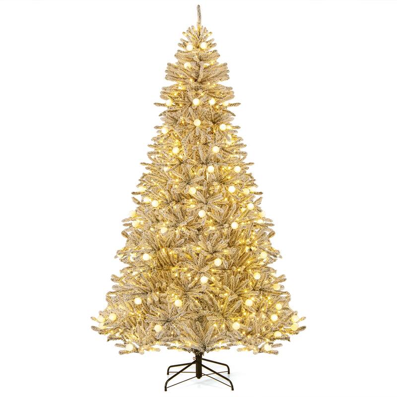 Costway 6/7/8 FT Snow-flocked Artificial Christmas Tree with 51/65/81 - Green & White - See Details - 8 Foot