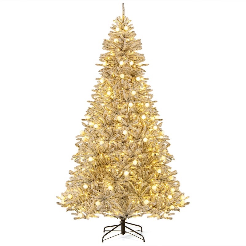 Gymax 6/7/8 FT Snow-flocked Artificial Christmas Tree w/51/65/81 - Green+White - 8 Foot