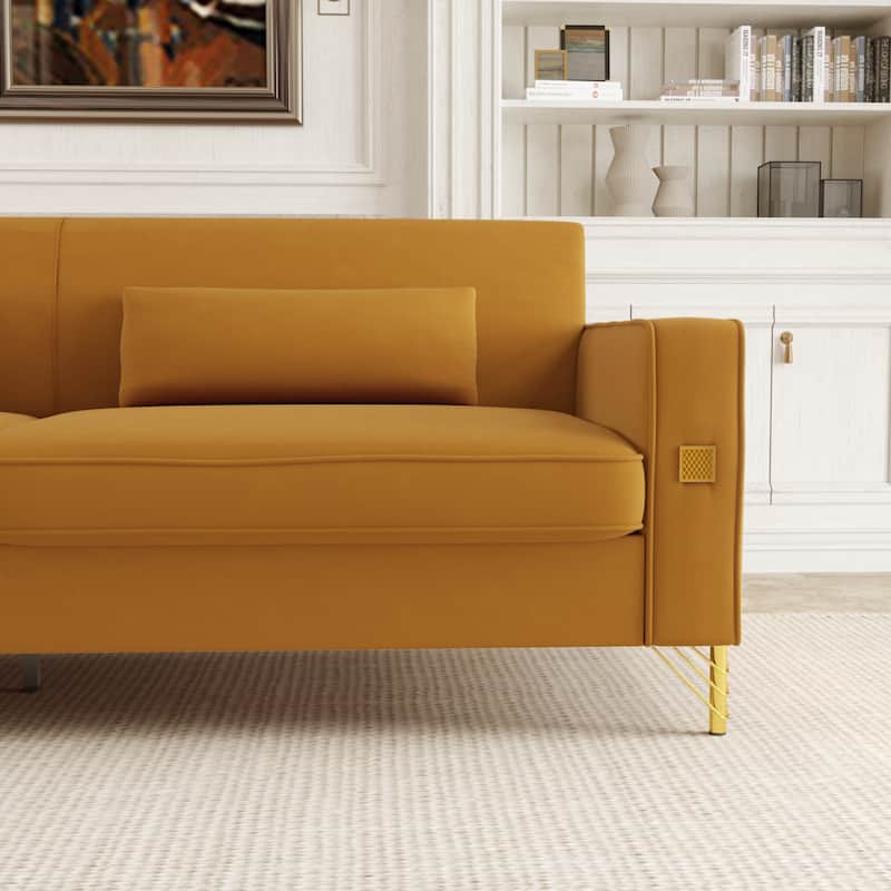 Orange Modern 85.63" Velvet 3-seater Sofa with Gold Accents and Plush Cushions for Living Room