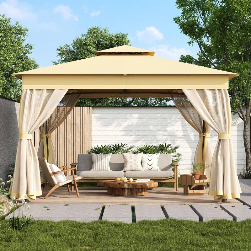 Outdoor Gazebo Tent with Double Roof, Mosquito Netting & Patio Canopy - Beige - 10 x 12