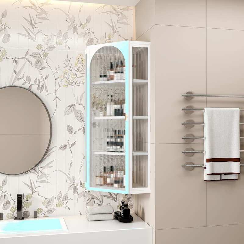 Four-Tier Wall-Mounted Corner Cabinet with Glass Door Storage - White - Painted