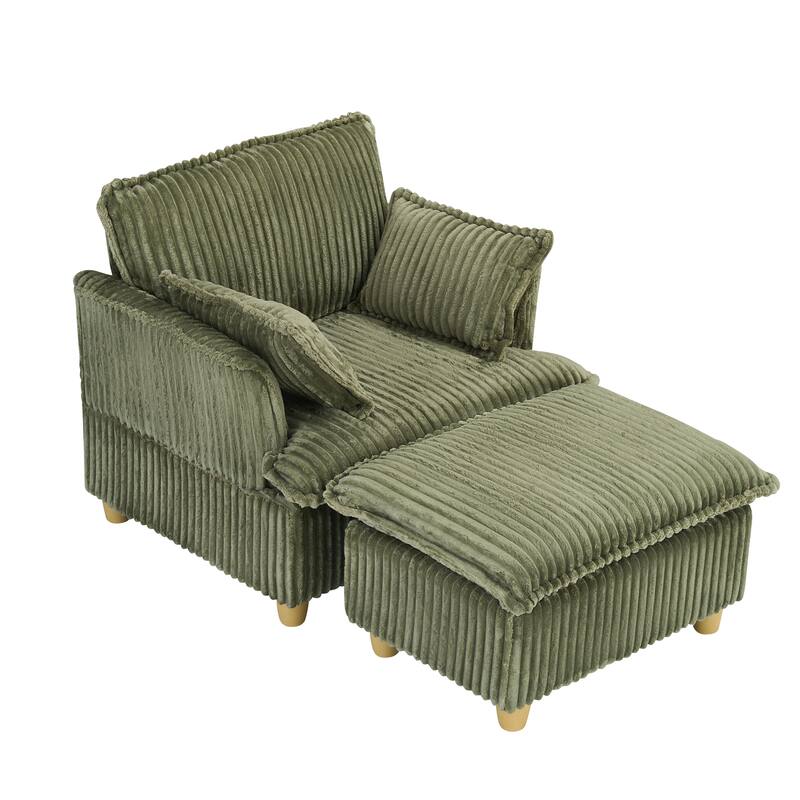 Single Sofa with Ottoman, Comfy Corduroy Upholstered Armchair, Lounge Chair with Throw Pillows for Living Room, Balcony