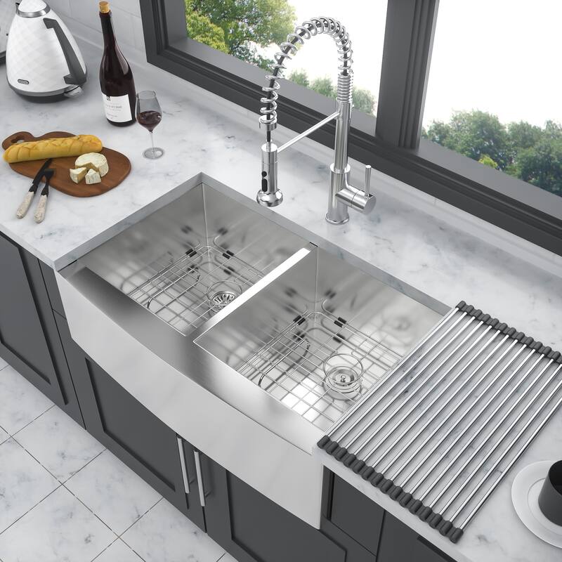 Farmhouse 16 Gauge Double Bowl Stainless Steel Kitchen Sink in Brushed Nickel