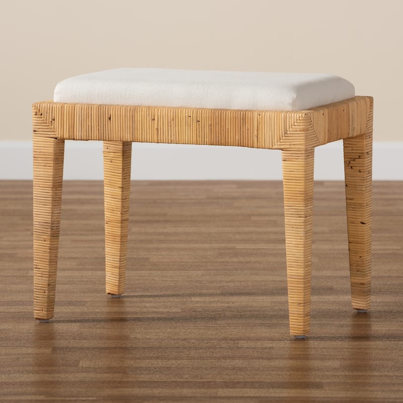 Sofia Modern Bohemian Natural Brown Rattan and Mahogany Wood Ottoman